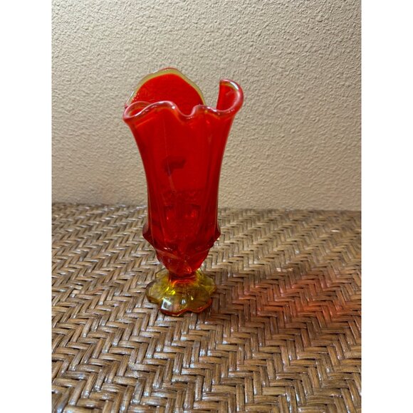 Vintage Fenton Handmade Orange Glass Vase  Ruffled Edge & Pedestal Base Glows - Picture 3 of 8